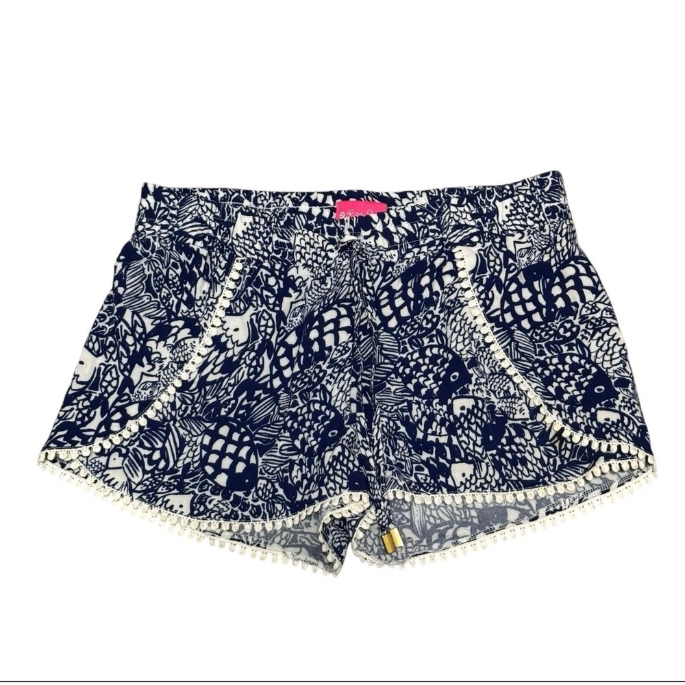 Lilly Pulitzer Target Navy White Fish Print Pom Pom Trim Shorts Size XS RN17730